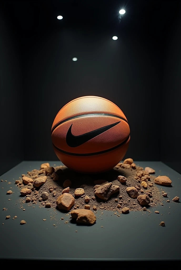 display case with a Nike ball as if it were a meteor with a hole in the ground