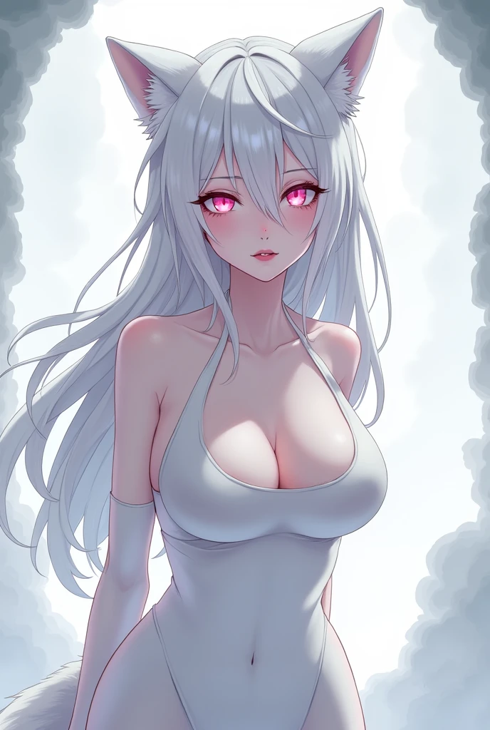 Anime White Wolf Girl With Pink Eyes And Big Breasts And Naked White Skin 