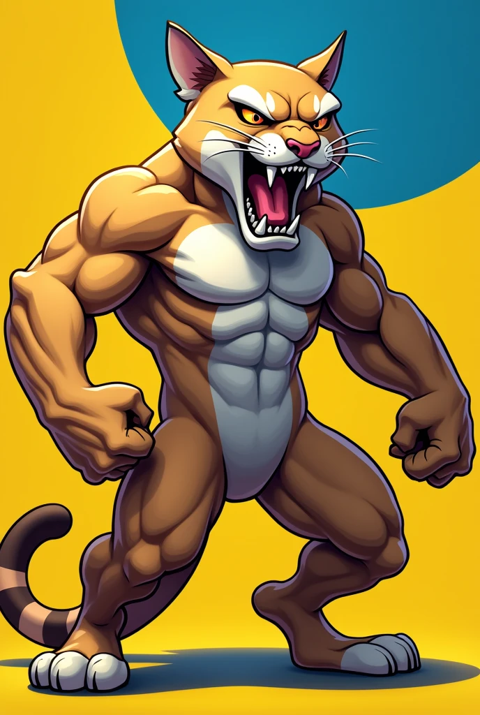 Non-realistic beige puma angry muscular college mascot yellow and blue background