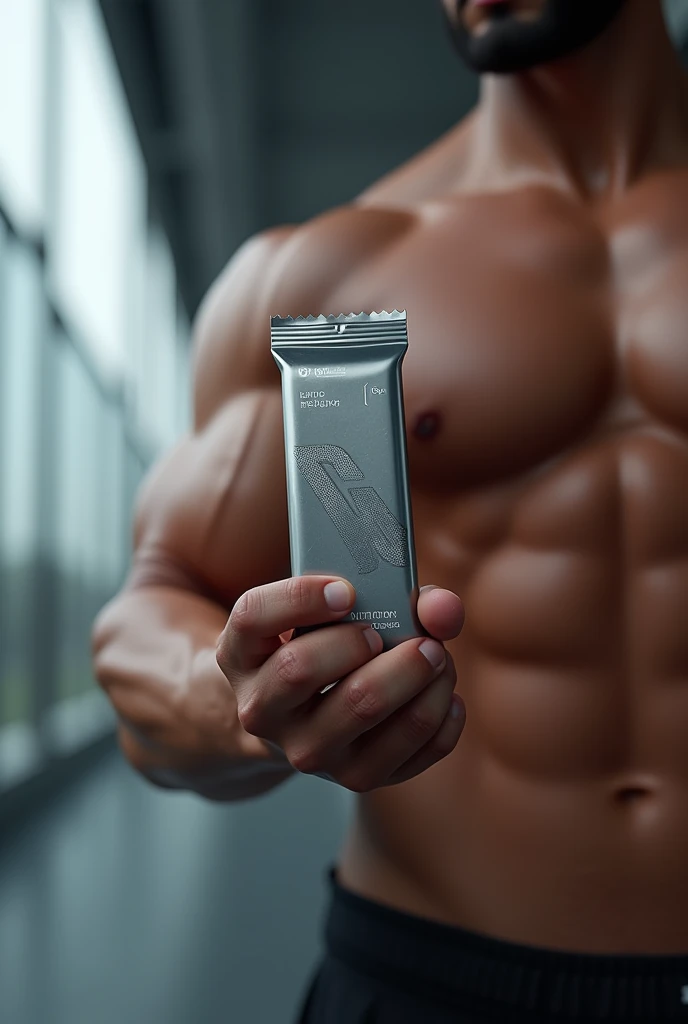 holding a Max Titanium protein bar