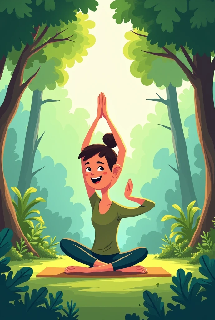 create a person doing yoga in the forest, Let it be a cartoon
