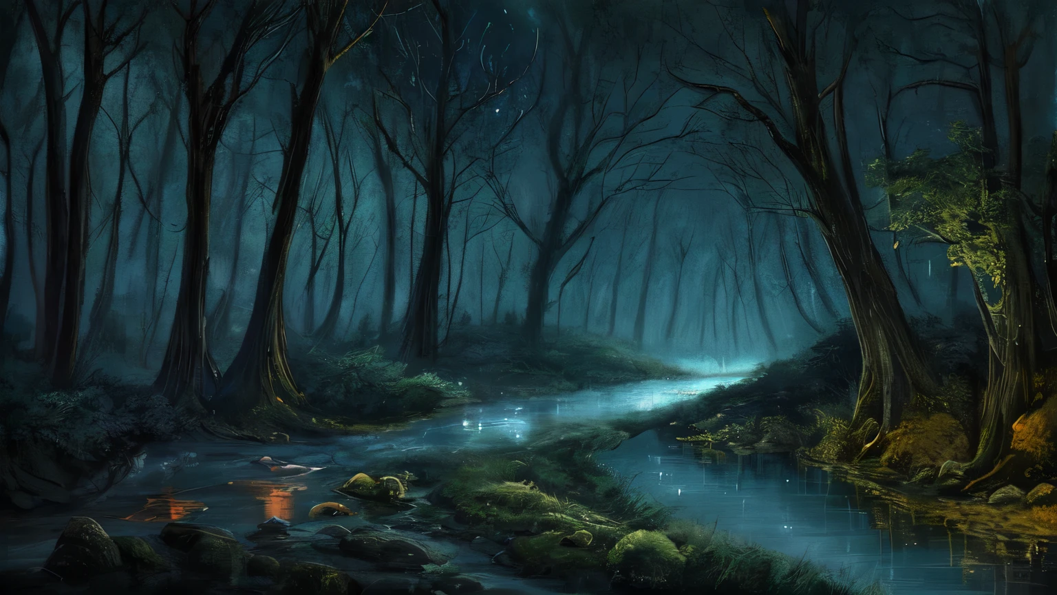 Forest, river, woolfs, night, animal, furry, mystic