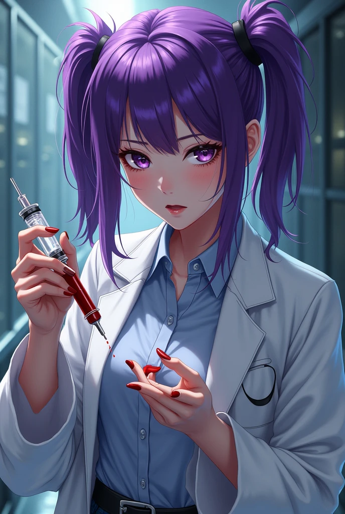 ulher borboleta de cabelo roxo coreana com fone de ouvido e roupa de cientista 🥼 curta com agulha e sangue nas mãos com Maria Chiquinha 
