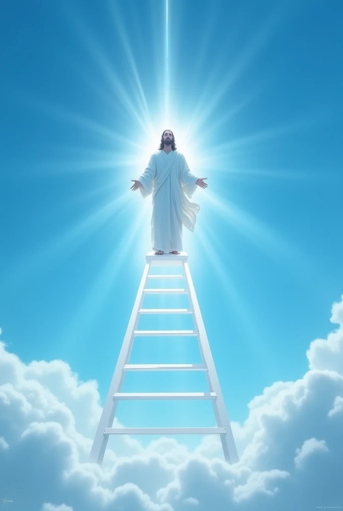 In the blue sky,Jesus standing on the white ladder