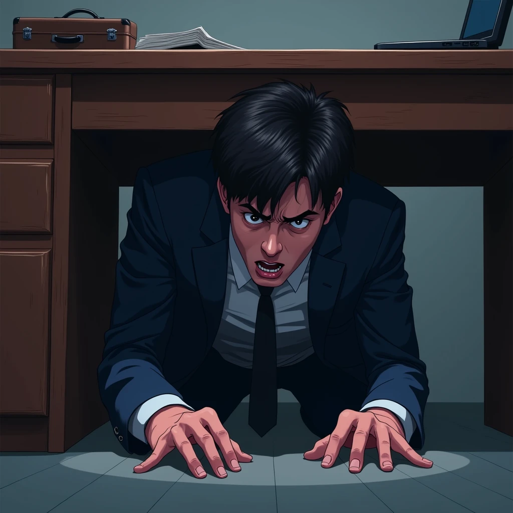 anime art, marvel art, a scared suited sweaty handsome 20-years-old guy, squatting down under a desk, hiding from something
