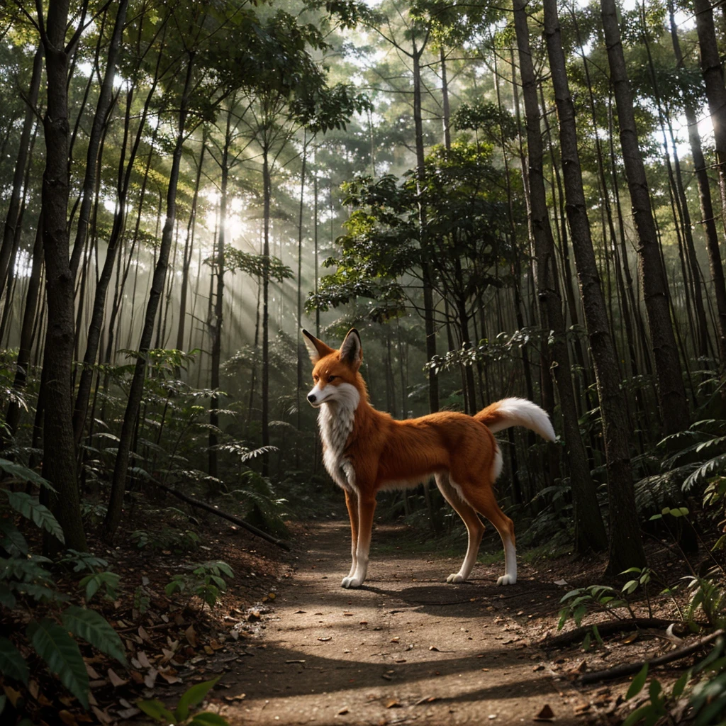 Kyubi the fox demon in a humid forest.