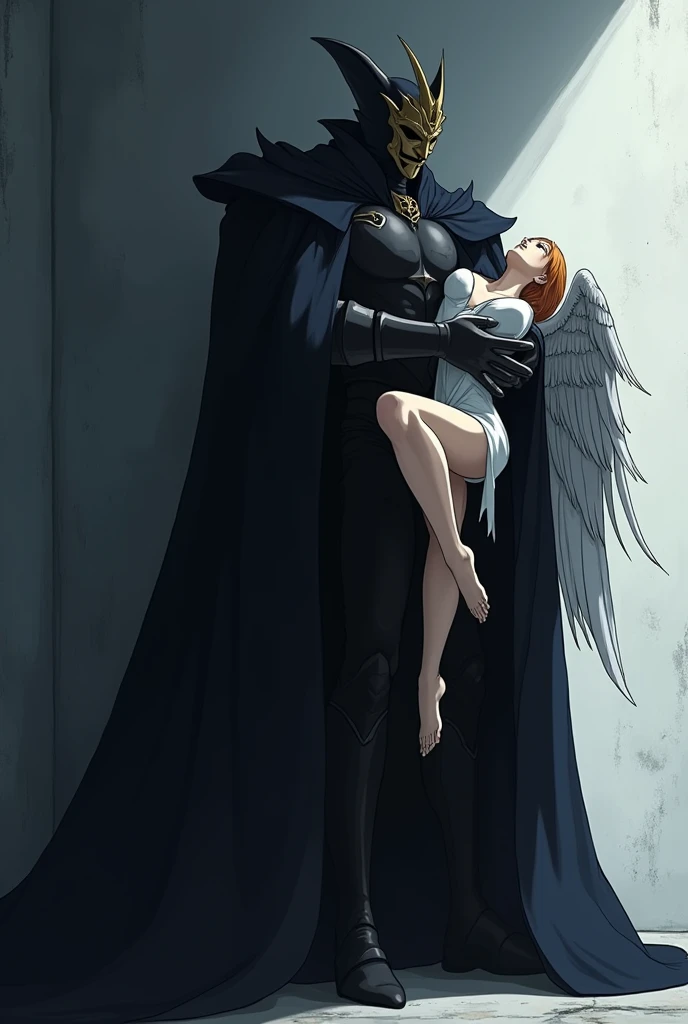 The image is anime style cowboy bebop and Darker than black with shadows and dim lights, anime style although somewhat adult and dark, It shows Golbez from Final Fantasy IV, who wears a theater mask Melpómene or Talia, that does not allow his face to be seen, in a side pose with his cape billowing forward; With both arms he carries a fainted adult female angel, asleep, that has eight wings, whose head, hanging, like your feet. It looks ominous. Anime style white wall
