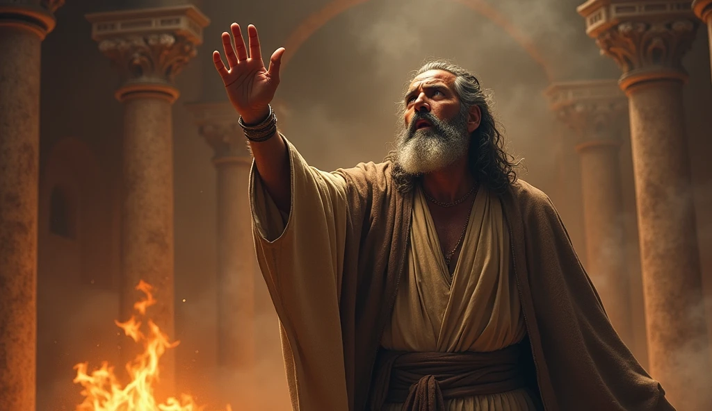 A dramatic scene where a prophet-like man from biblical times, from Judah, a humble-looking prophet, dressed in simple clothes and a worn cloak, stands before the altar in Bethel. He points with determination, prophesying against the altar.