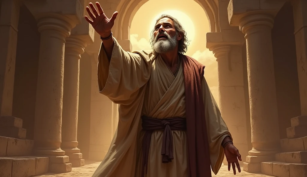 A dramatic scene where a prophet-like man from biblical times, from Judah, a humble-looking prophet, dressed in simple clothes and a worn cloak, stands before the altar in Bethel. He points with determination, prophesying against the altar.