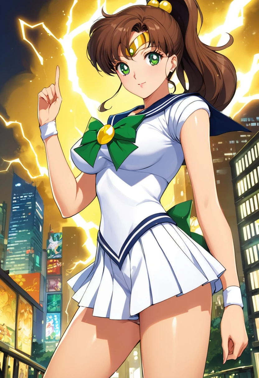 masterpiece, Highest quality, High resolution, ((Sailor Jupiter)),1990s \(style\),、(E-cup beautiful breasts)、tall、Hosomi、sexy、Anime-style painting style,Brown Hair、ponytail、A composition that shows the whole body、Composition from the front、The background is the city、Yellow lightning in the background、Finger guns,Shining Background、Glowing Skin、glamorous、gorgeous,(Golden lightning from your fingertips),Point your fingers forward、A cool and sharp look