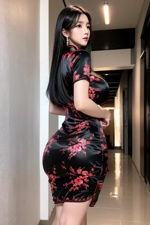 Super-detailed, 8k, Korean girl, 1 girl, mature, long delicate black hair, perfect figure, busty body, curvy body, large and droopy breast, slender hips, thick thighs, huge round ass, long black Chinese cheongsam dress, walking in the office hallway