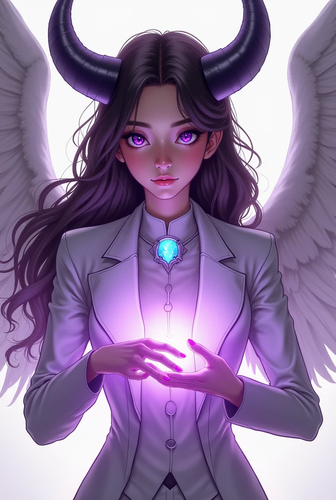 Teenager with long, semi-wavy dark brown hair, thin and almond skin, purple and blue eyes, purple magic through her hands, in agent suit/superhero and neutral colors with certain lilac tones, with black angel wings and small black horns, with a light and small stone as a necklace in light blue with purple
