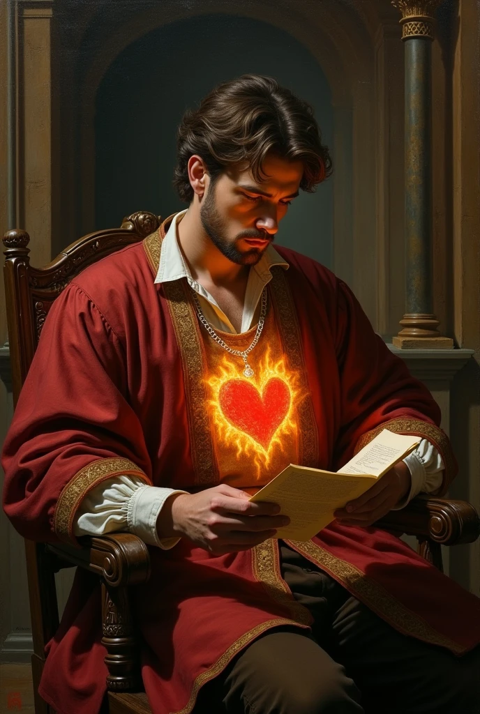 Renaissance painting style image of a seated man reading a letter with his heart on fire