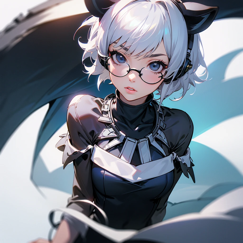 best quality, (photorealistic: 1.2), 1girl, solo, detailed face, face focus, standing, black short hair, bang brushed to the side, black panther ears, black panther tail, black eyes, black glasses, white headphones, (looking at viewer:1.5) short hair, black eyes, lips, dark blue shirt, white off shoulder sleeves, black bracelets with silver spikes on wirsts, white headphones, pearl necklace