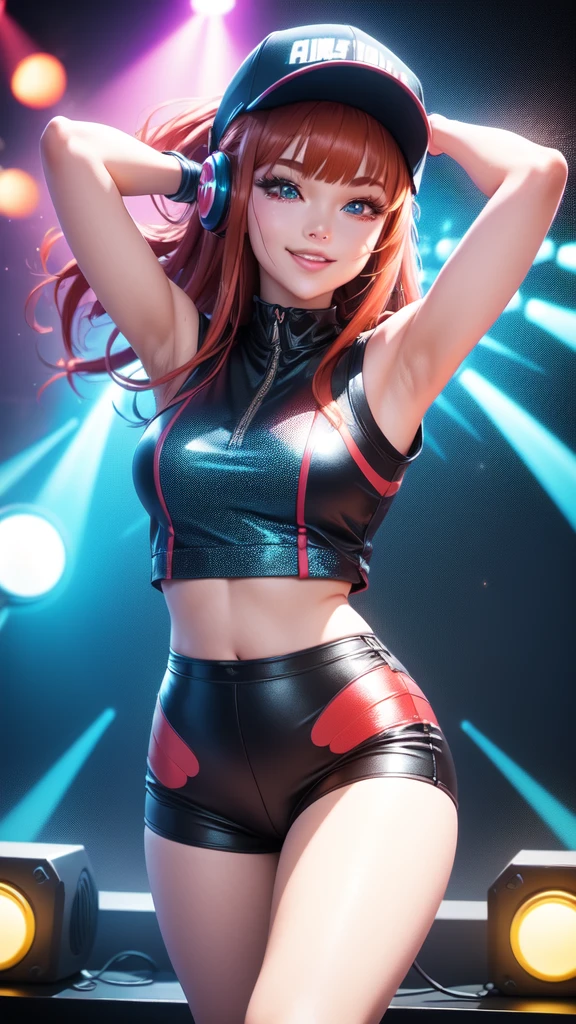 +sparkle+ 1_girlsolo, anime girl, long red hair, short bangs, baseball cap, blue jumpsuit headphones, live audience, lighting,stage,(best quality:1.2),(ultra-detailed:1.2),(realistic:1.37),HDR,vivid colors,portraits, figure,headphone girl,anime style, atmosphere,techno music,electronic dance music,festival vibes,hip hop beats,festival outfit,energetic dance moves,expressive eyes,hairstyle with vibrant colors,neon lights,beaming smile,positive vibes,high-energy performance,stylized backgrounds,colorful visuals,excitement in the air, arms behind head