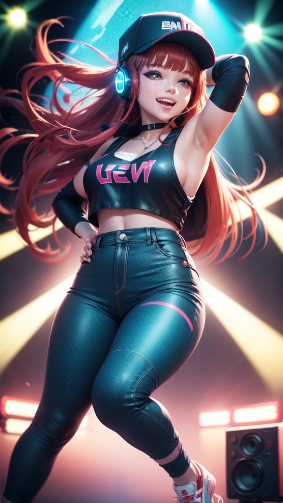 +sparkle+ 1_girlsolo, anime girl, long red hair, short bangs, baseball cap, blue jumpsuit headphones, live audience, lighting,stage,(best quality:1.2),(ultra-detailed:1.2),(realistic:1.37),HDR,vivid colors,portraits, figure,headphone girl,anime style, atmosphere,techno music,electronic dance music,festival vibes,hip hop beats,festival outfit,energetic dance moves,expressive eyes,hairstyle with vibrant colors,neon lights,beaming smile,positive vibes,high-energy performance,stylized backgrounds,colorful visuals,excitement in the air, arms behind head 