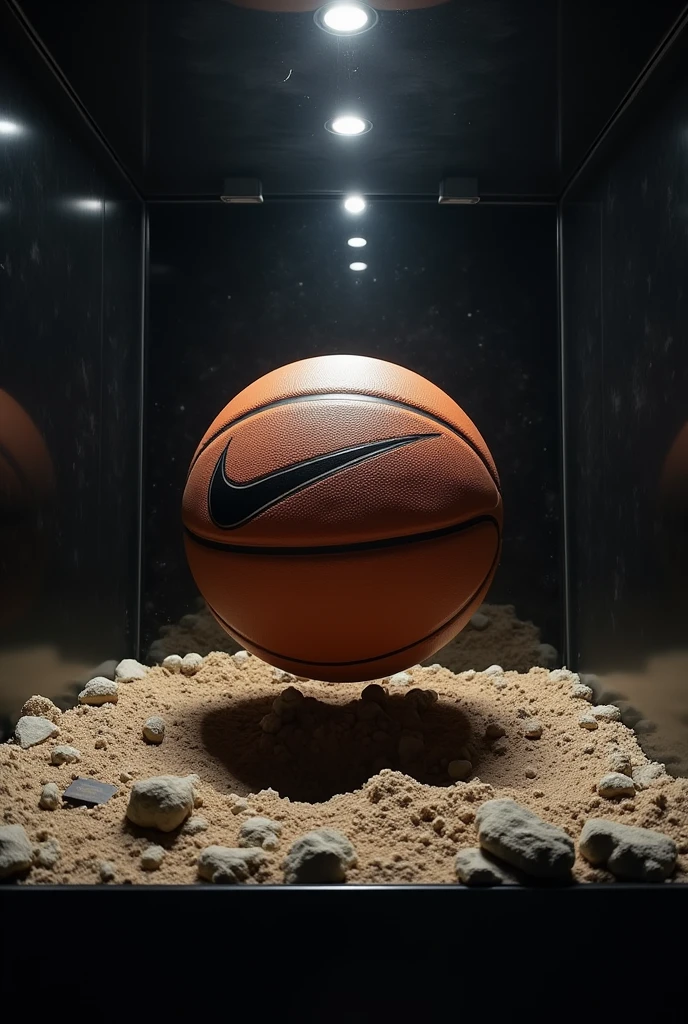 display case with a Nike ball as if it were a meteor with a hole in the ground