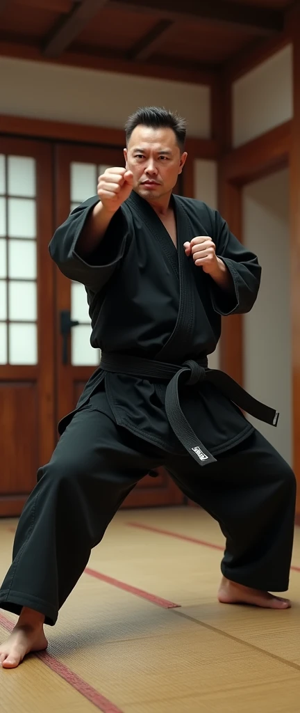 Karate pose, Dynamic pose,  ((straight punch)), Front view , Full- body,  American White man, his name is  Elon  Musk, (black hair, buzz cut, brown eyes, serious), (little fat body) ,((Karate clothes, Karate underwear,  Black obi)), (White underwear), At the Karate Dojo, Standing on tatami mat, Textured skin ((Surrealism, Fujicolor, Fujifilm, UHD, retina, masterpiece, accurate, anatomically correct, textured skin, super detail, high details, high quality, best quality, 8k))