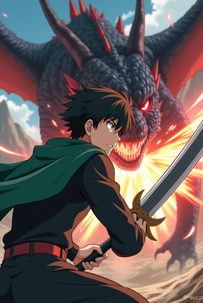 an animation of an adult anime character who is a swordsman with short black hair, white green eyes black clothes and a green cape fighting a red-eyed black dragon