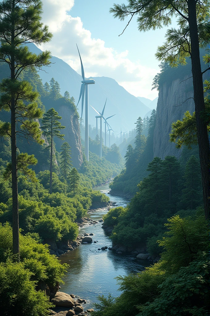 A native forest in southern Chile, the bio bio river and a wind farm