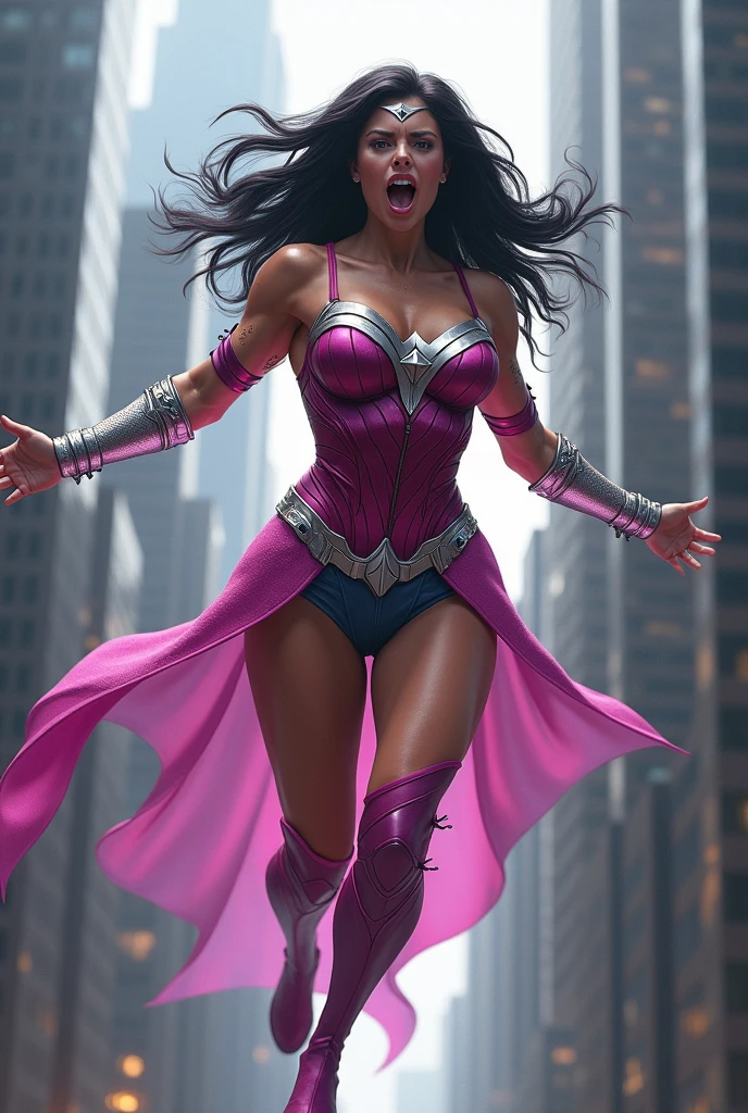 (((Mask soldiers Wonder Woman))),(((Midjourney A beautiful American woman with light eyes and long black hair))),(((Flying between the skyscrapers Screaming))),(((Wearing a swimsuit with fuchsia leather sleeves))),(((With tiny scales))),(((Fuchsia sleeves falling from her shoulders))),((((Long fuchsia boots and gloves))),(((Long silver-colored metal bracelets fitted to your wrists))),(((Fuchsia corset with white ten-pointed star))),(((In his abdomen))),(((Mask soldiers in fuchsia metal Wonder Woman style with a white star on her forehead))),(((Mask soldiers in fuchsia metal Wonder Woman style with a white star on her forehead))),(((Woman of thick build with muscles in her arms and legs))),((((((,This costume does not have any kind of cape or wings.)))))),(((