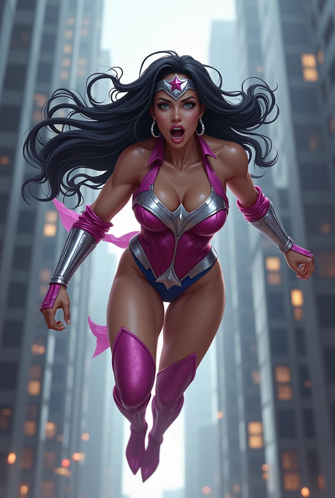 (((Mask soldiers Wonder Woman))),(((Midjourney A beautiful American woman with light eyes and long black hair))),(((Flying between the skyscrapers Screaming))),(((Wearing a swimsuit with fuchsia leather sleeves))),(((With tiny scales))),(((Fuchsia sleeves falling from her shoulders))),((((Long fuchsia boots and gloves))),(((Long silver-colored metal bracelets fitted to your wrists))),(((Fuchsia corset with white ten-pointed star))),(((In his abdomen))),(((Mask soldiers in fuchsia metal Wonder Woman style with a white star on her forehead))),(((Mask soldiers in fuchsia metal Wonder Woman style with a white star on her forehead))),(((Woman of thick build with muscles in her arms and legs))),((((((,This costume does not have any kind of cape or wings.)))))),(((
