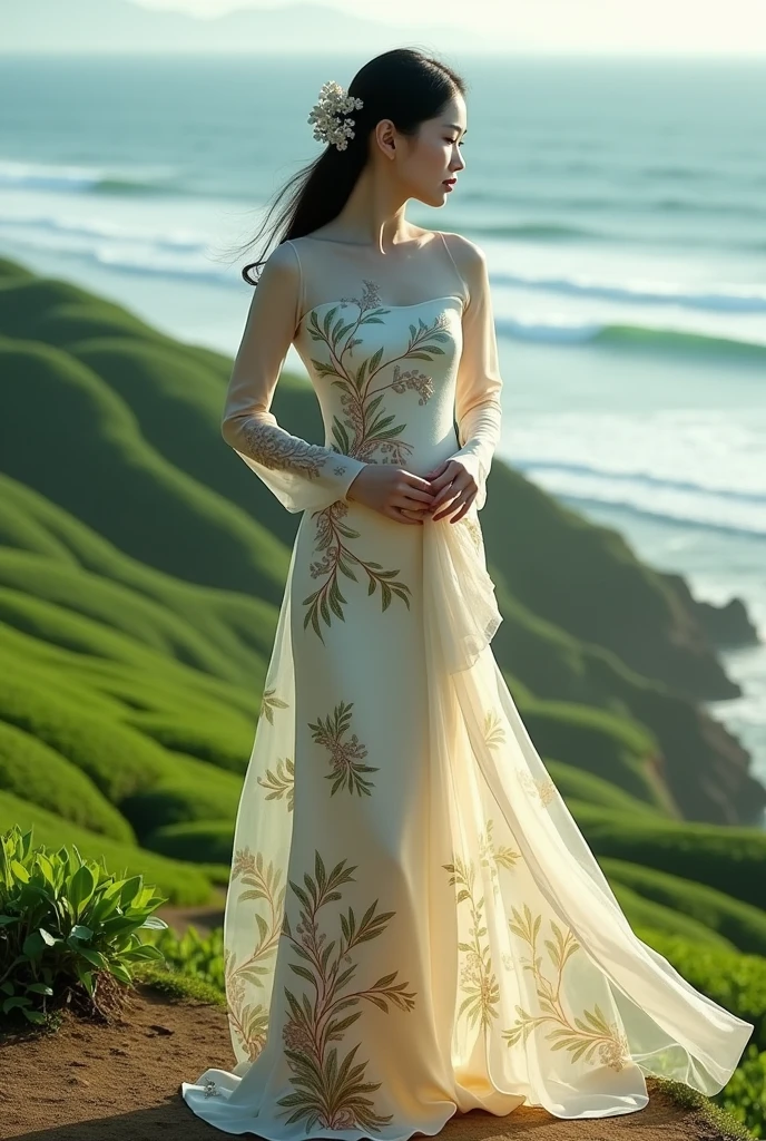 Vietnamese Ao Dai with ocean wave and tea hill pattern