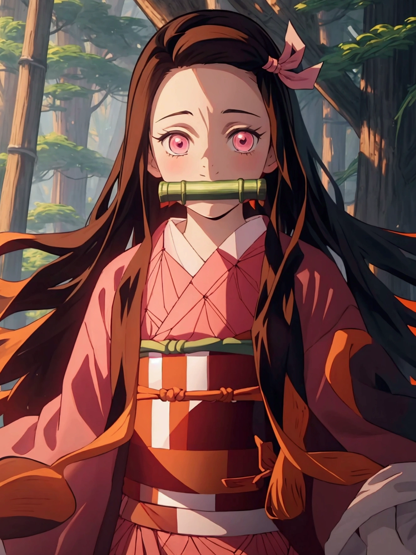 Masterpiece, vibrant colours, hd, high quality, highres, absurdres, nezuko, 1girl, bamboo, bit gag, brown hair, plaid belt, gag, gag, gradient hair, headband, haori, Japanese clothes, kimono, long Hair, looking at the viewer, multicolored hair, orange hair, pink eyes, pink kimono, pink ribbon, ribbon, solo, upper body, nezuko