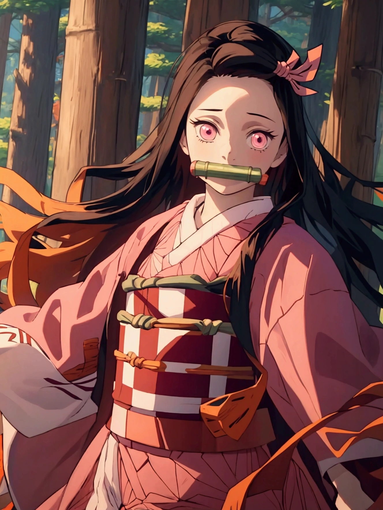 Masterpiece, vibrant colours, hd, high quality, highres, absurdres, nezuko, 1girl, bamboo, bit gag, brown hair, plaid belt, gag, gag, gradient hair, headband, haori, Japanese clothes, kimono, long Hair, looking at the viewer, multicolored hair, orange hair, pink eyes, pink kimono, pink ribbon, ribbon, solo, upper body, nezuko
