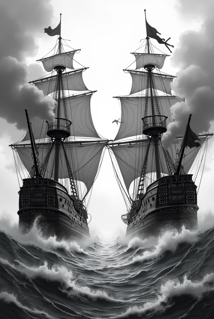 I want you to make a black and white drawing of two pirate ships inside a whirlpool in the sea. , Both ships must be facing each other as if about to fire their cannons. , seen from the top of both Printed on a polo