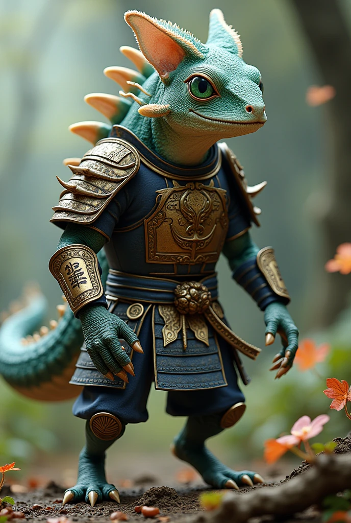 generate an imaginary friend with a chameleon head, cat body, crocodile tail, samurai armor