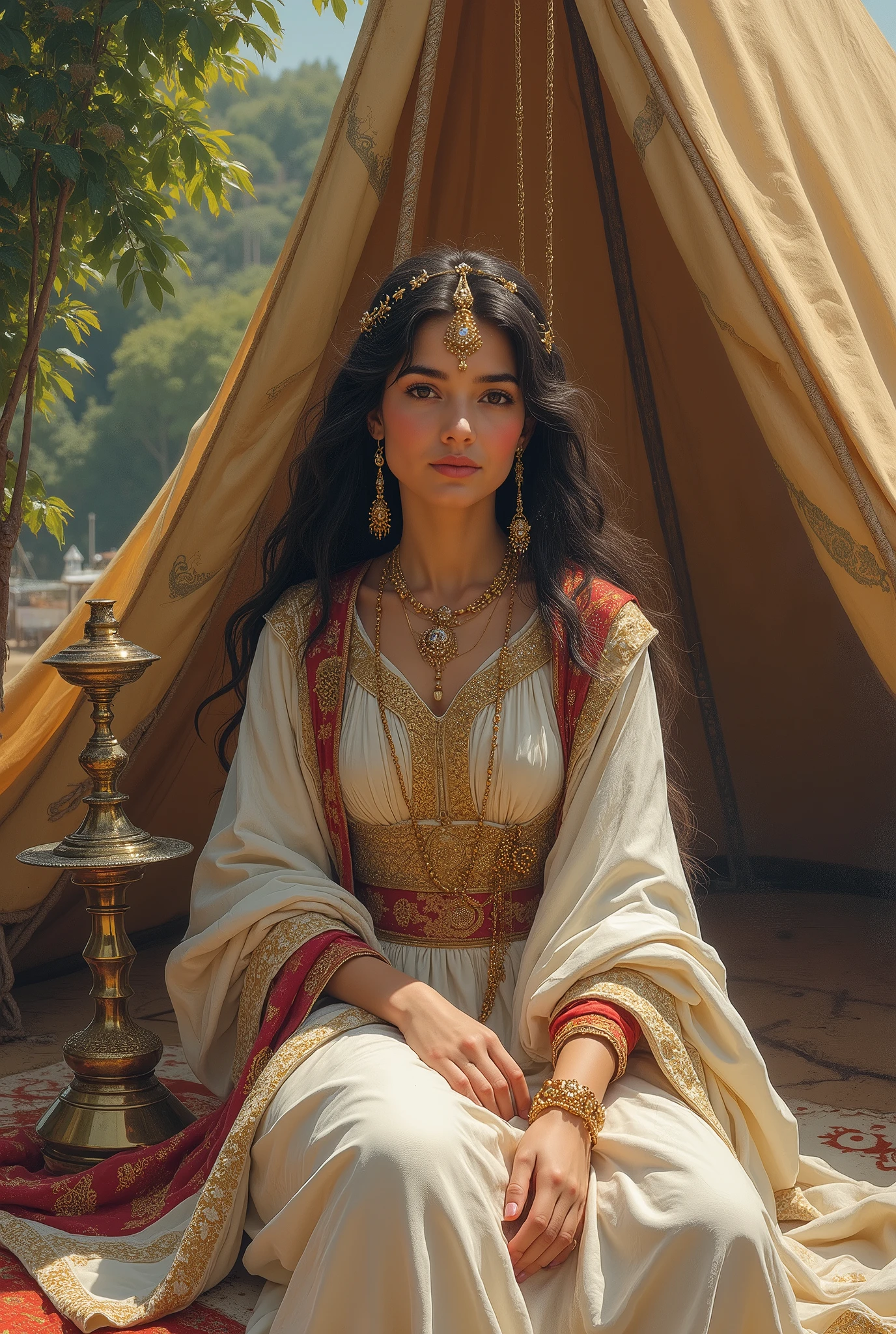 "An attractive young Persian princess sits near a tent with a hookah" ((in the manner of Jean-Baptiste Greuze / Albrecht Altdorfer )), Palette canvas'lush watercolor/acrylique, complexe, extreme detail, Complex key, ((Coup unique)), ((best quality)), ((head of'artwork)), ((realistic)), 8k, impressionism: 0.2 funds of'écran Full HD