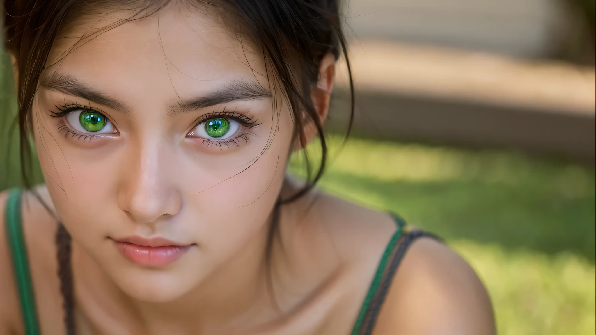 beautiful young eurasian girl with green eyes, hyper realistic