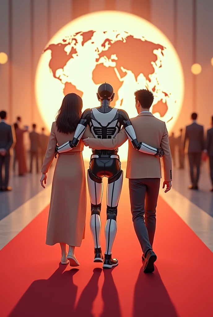 Tres personajes una mujer un hombre y en medio un prototipo de arnés automotriz echo persona abrazando a los otros dos personajes caminando sobre una alfombra roja dirijiendose al 🌏 a crear cálidas automotriz para el mundo desde japon