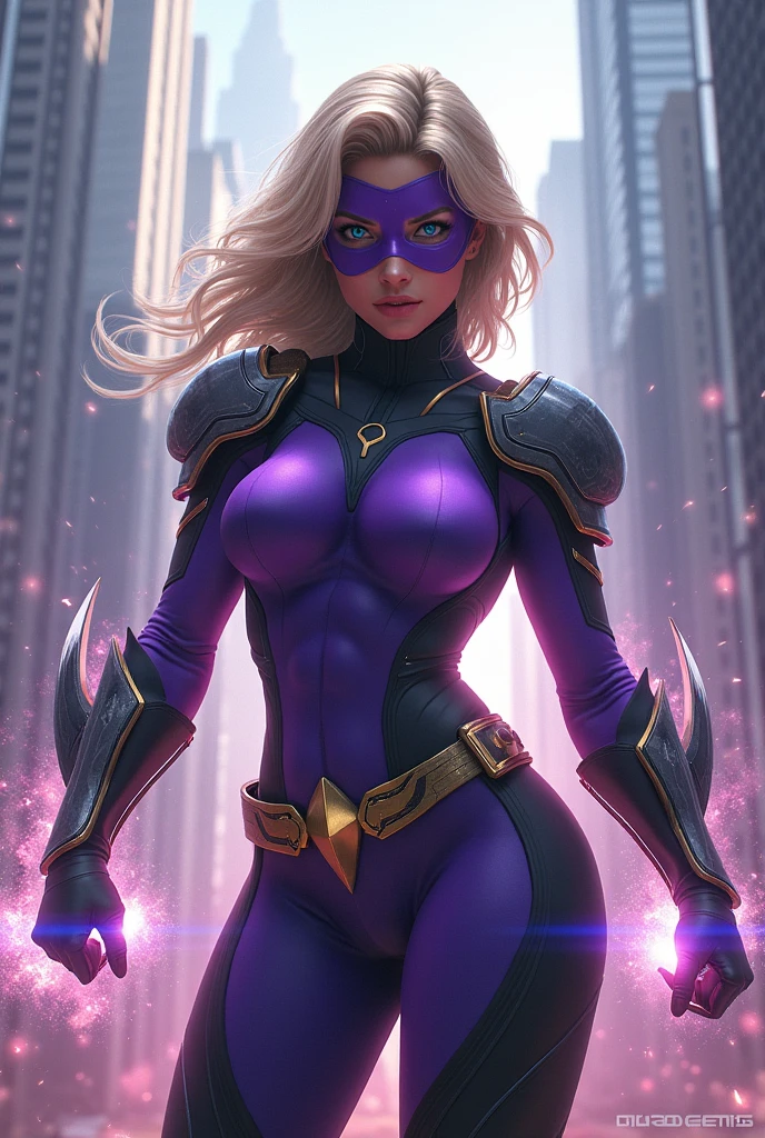 Ultra high quality, atheletic woman, super hero, beautiful detailed face, blue eyes, detailed eyes, muscular, full body, dressed in a purple leotard with black accents, purple mask covering eyes, no cape, spandex, one-piece, thigh high boots, black fingerless gloves, metal accents, metal pauldrons, pauldrons, tight gold superhero belt, large city backdrop, action pose, focusing large energy blast