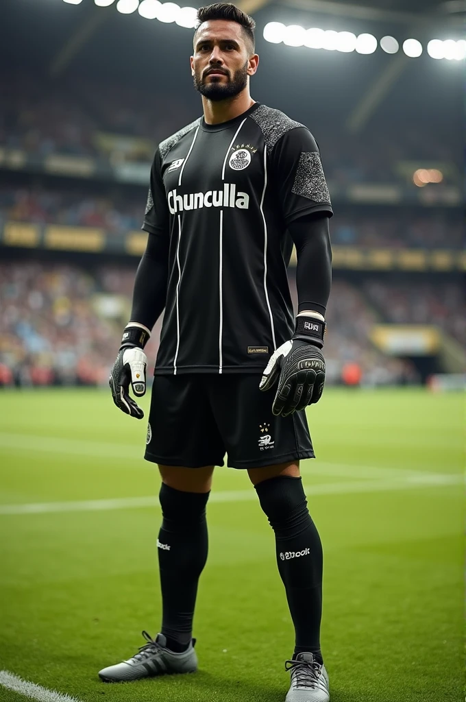 Colombian soccer goalkeeper uniform in black and white with the word chunculla