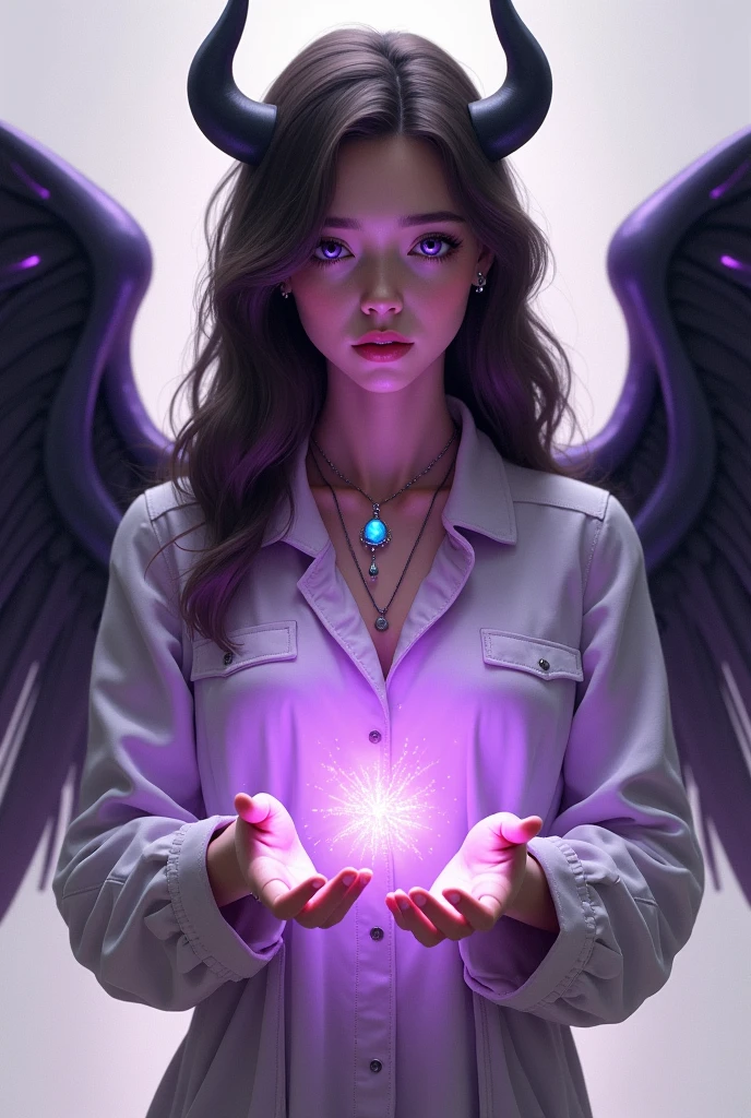 Teenager with long, semi-wavy dark brown hair, thin and almond skin, purple and blue eyes, purple magic through her hands, in agent suit/superhero and neutral colors with certain lilac tones, with black angel wings, small black horns, with a light and small stone as a necklace in light blue with purple