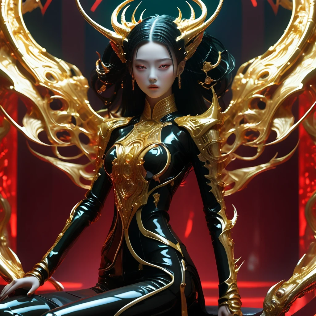 A fashion runway for alien technology , Exquisite face，vogue photography , Inspired by Chinese Xianxia and cyberpunk。(Best quality,4K,8k,A high resolution,Masterpiece:1.2), (Realistic,Photorealistic,photo-realistic:1.37).Gold inlaid jade style，Shiny，Exquisite，Hell Girl，Riding the Ruby Monster