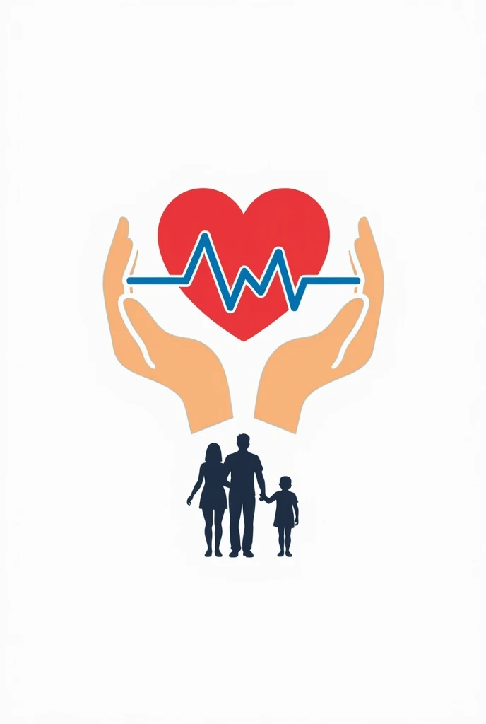 Health company logo with a white background containing two hands holding a red heart with a blue lifeline and a family with children below the hands