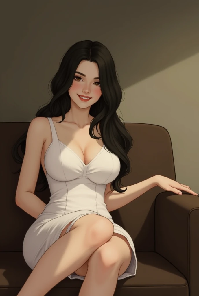 2 girl, sitting on a sofa, wearing a tight white dress, she's smiling, Her hair is long black, Her breasts are big, Her nipples are marked