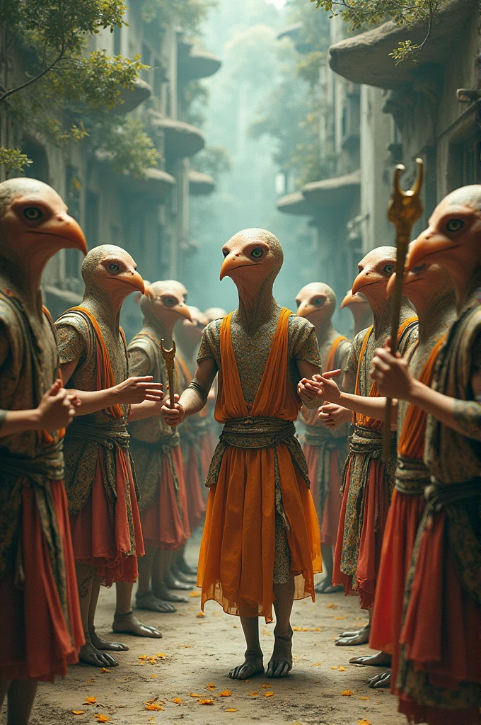 The image shows a group of humanoid creatures with the heads of birds and the bodies of men., involved in a kind of ritualistic dance or ceremony. They are positioned in a setting that mixes natural and architectural elements., like trees and buildings of strange and distorted shapes.
The human-birds are dressed in brightly colored clothing with intricate patterns., and some are holding unidentifiable objects that appear to have symbolic or ritualistic functions. The background of the image is a mixture of colors and shapes that creates a dreamlike and enigmatic atmosphere..