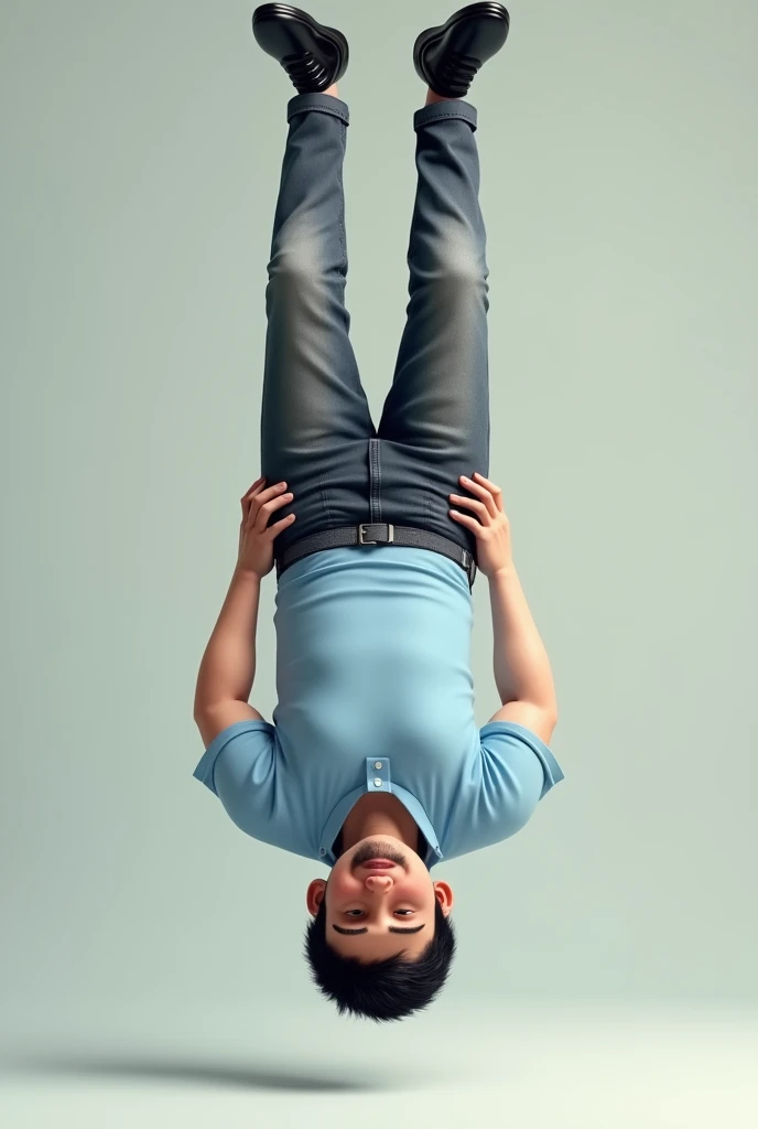 Make me a picture of a slightly chubby man with pale skin, that is, white, with jet black hair, a short-sleeved light blue polo shirt, gray jeans, and black dress shoes, who is turned upside down.