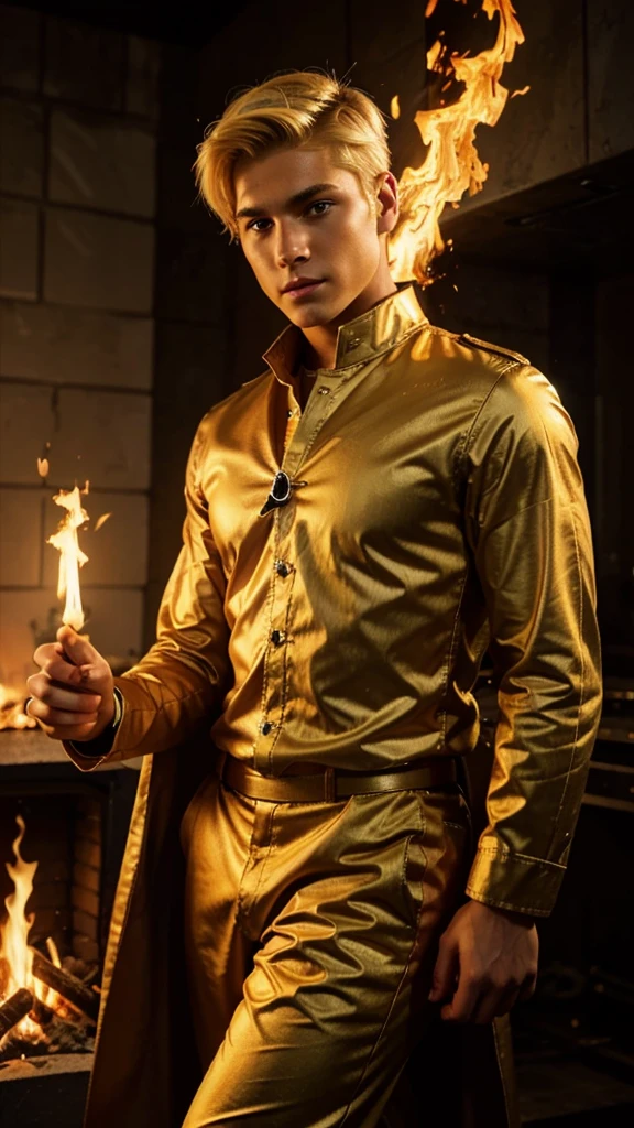 young man, Short blond hair , adult, High, strong, , Animation, Fars, Blonde eyes, dressed like a king, fire surrounding him 

