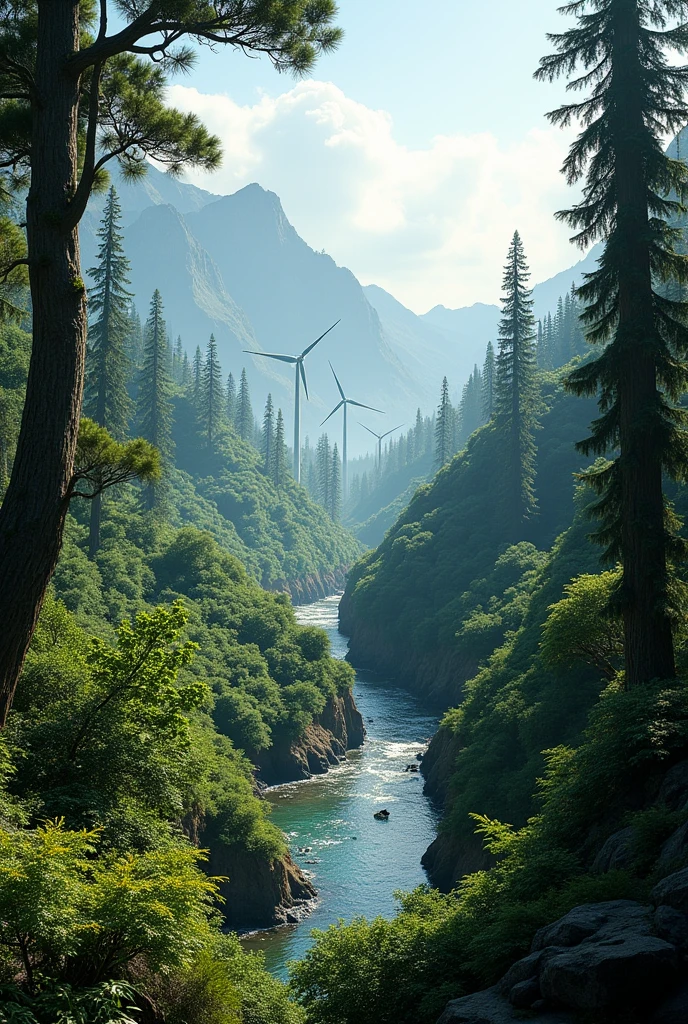 A native forest in southern Chile, the bio bio river and a wind farm