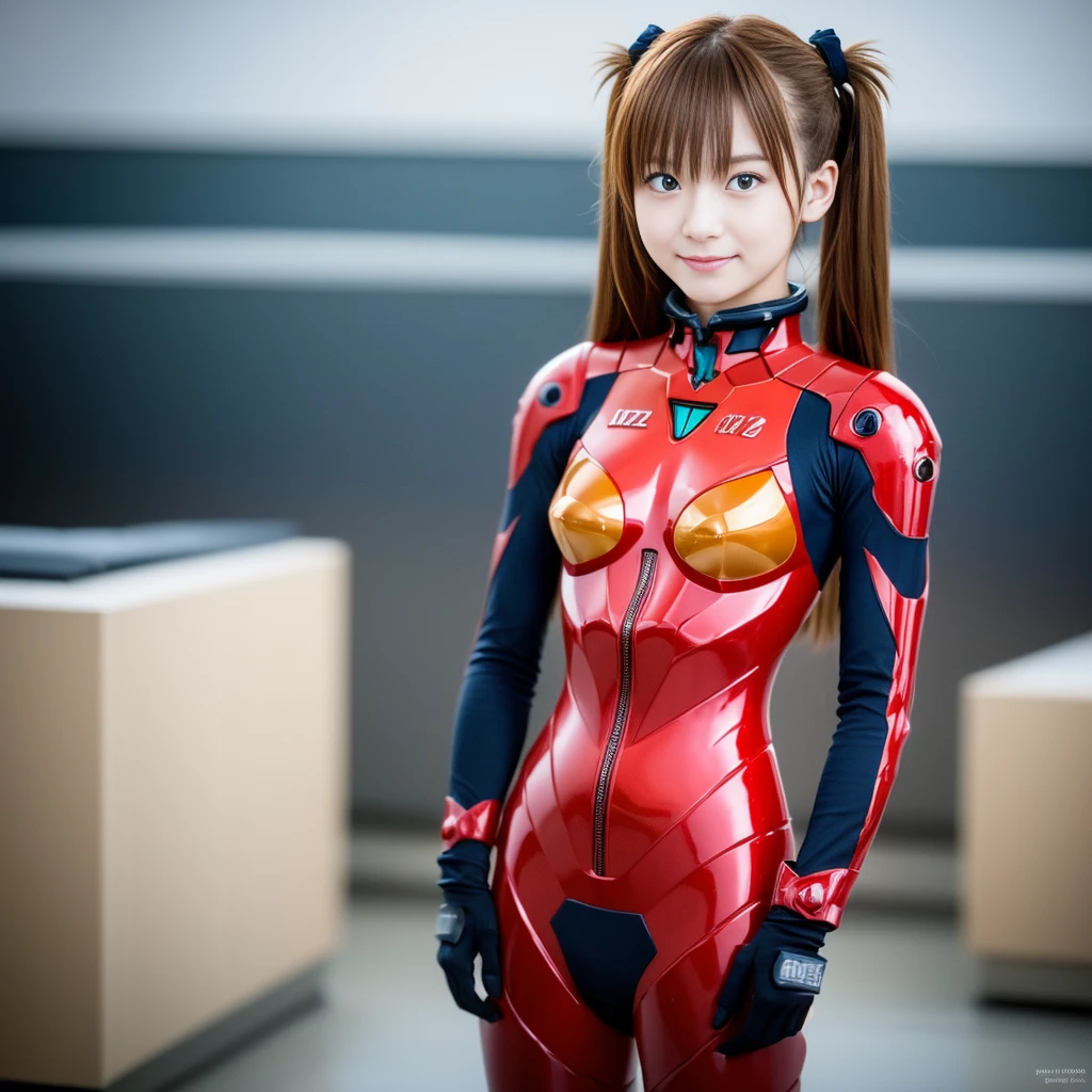 (8k, RAW photo, highest quality, refined details, Masterpiece: 1.2), (high resolution 8k wallpaper), sharp focus, professional lighting, depth of field, cinematic lighting, background blur,Red-haired twin-tails, blue-eyed girl, A girl with red hair, twin tails, and blue eyes, Soryu Asuka Langley, Asuka wearing an Evangelion pilot plug suit, Asuka standing with her arms folded and a confident smile on her face with NERV headquarters in the background, 