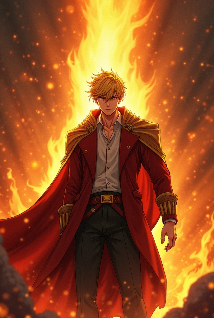young man, Short blond hair , adult, High, strong, , Anime, Fars, Blonde eyes, dressed like a king, fire surrounding him