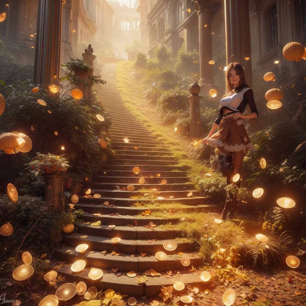 8k, masterpiece, RAW photo, best quality, photorealistic, extremely detailed CG unity 8k wallpaper, Depth of field, Cinematic Light, Lens Flare, Ray tracing, (extremely beautiful face, beautiful lips, beautiful eyes), intricate detail face, ((ultra detailed skin)) 1girl, in the dark, deep shadow, pretty asian girl, 1 girl, (very slim slender fit-muscled body:1.3), ((looking at viewer)),(big smile:1.3), (short skirt ), (white mini skirt ), (mini skirt ), pantyhose, clear eyes, walking , front shot, (pale skin), (big eyes), face forward, ((big shirt)), (brown hairs), (looking at viewer:1.3) very slim, medium breasts, (camel toe), thick thighs, laced stockings, sunny, landscape, cheerleading clothes