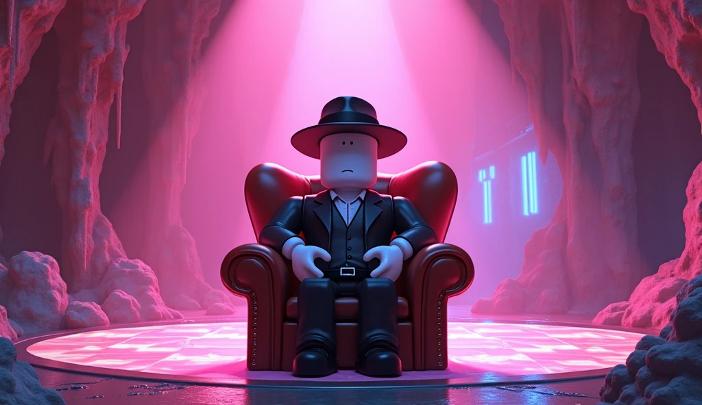 Beautiful tall square Roblox male doll, wearing mobster clothes and mobster and millionaire hat sitting on a black leather chair, white skin, no mouth and beautiful body, sitting in a huge cave, cartoon, Vice City GTA, cave background with a dance floor, dance floor, party, mobster, pink colors