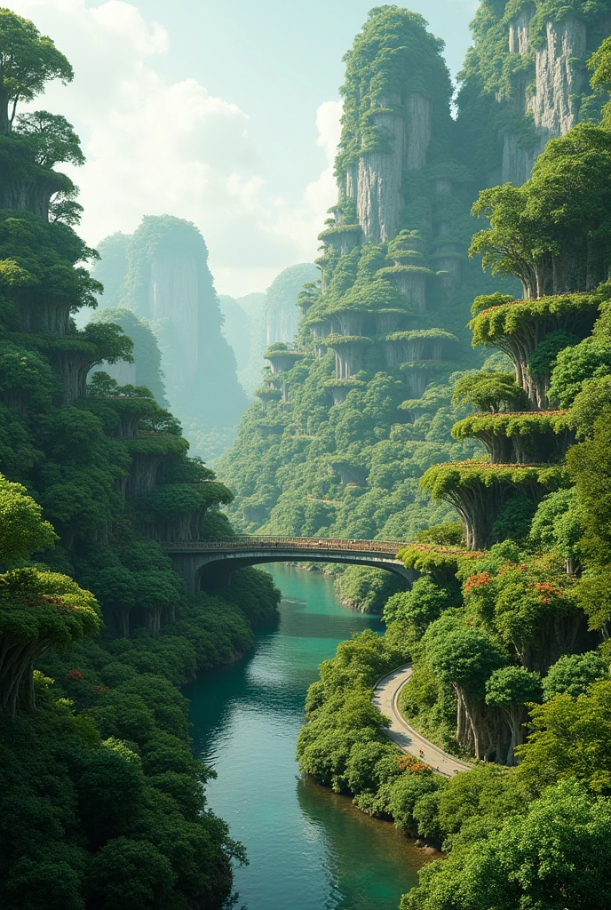 A green and vibrant planet where cities blend seamlessly with nature, featuring buildings covered in vegetation and vehicles that silently float above tree-lined streets. Society lives in harmony with the environment, utilizing clean and sustainable energy. Citizens enjoy a peaceful life, with parks and hanging gardens that stretch for miles, and crystal-clear rivers flowing freely between the metropolises.