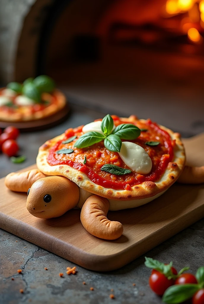 A Neapolitan-flavored pizza in the shape of a turtle 